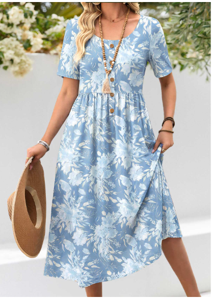 Vestido largo fruncido con estampado floral azul claro para mujer