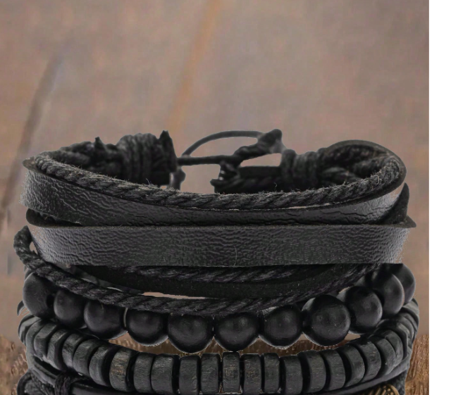Set de 4 piezas de pulsera y cuentas de madera vintage punk para hombres