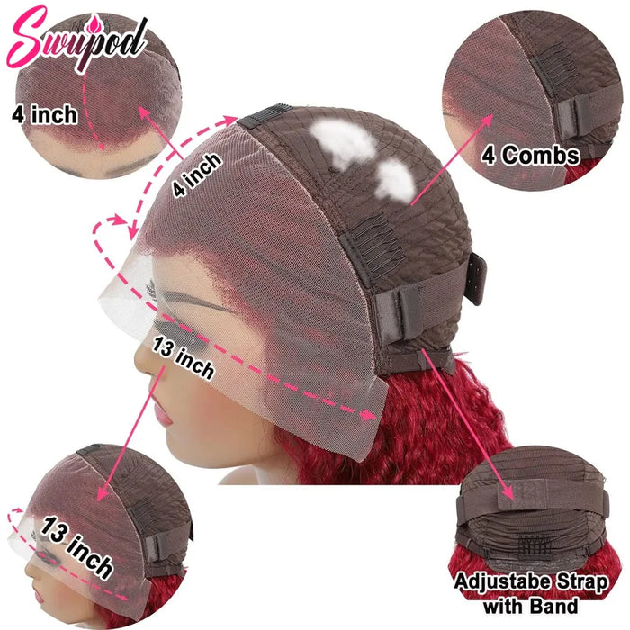 Swupod Peluca roja con ondas con malla frontal 13X4 de 250% de densidad y 26 pulgadas