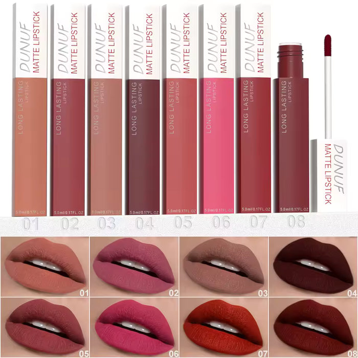 DUNUF 8 colores de brillo labial nude marrón, labial líquido mate aterciopelado