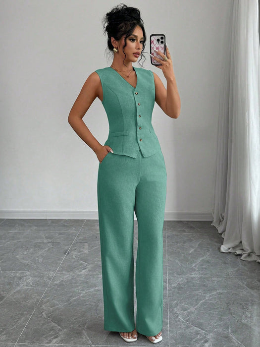 SHEIN Selianne Conjunto de traje con chaleco sin mangas de cuello en V