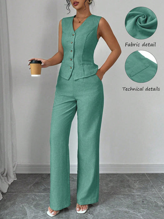 SHEIN Selianne Conjunto de traje con chaleco sin mangas de cuello en V