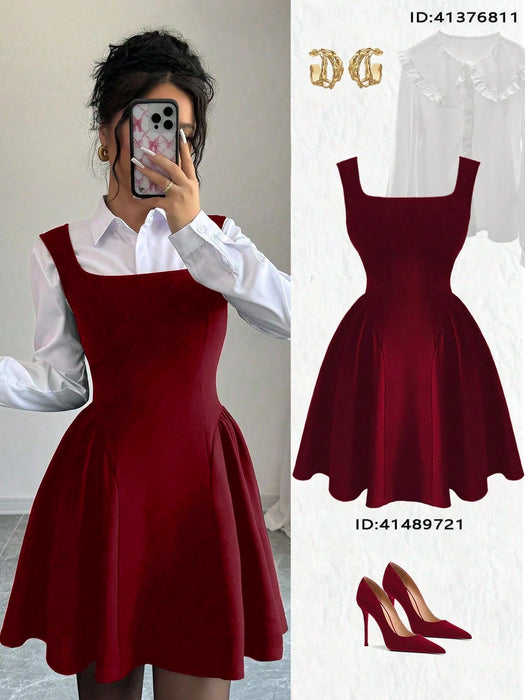 SHEIN Vestido Selianne sin mangas, de corte A, con escote cuadrado y bajo fruncido