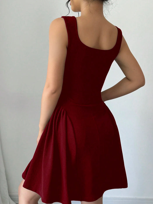SHEIN Vestido Selianne sin mangas, de corte A, con escote cuadrado y bajo fruncido
