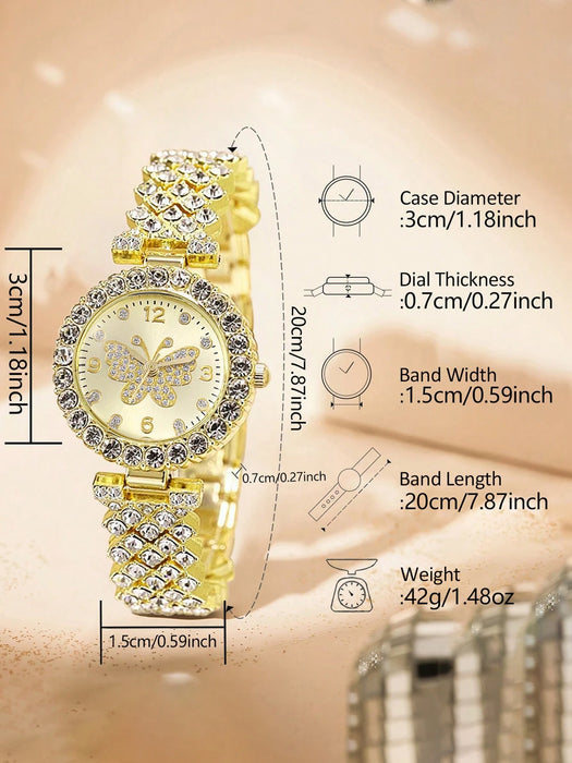 SHEIN Conjunto de reloj de cuarzo de lujo y Brazalete con esfera de elemento mariposa de diamante