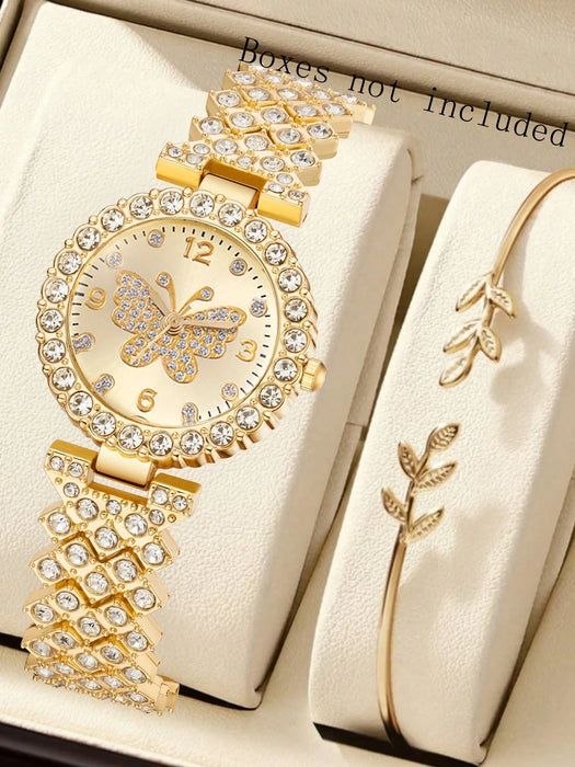 SHEIN Conjunto de reloj de cuarzo de lujo y Brazalete con esfera de elemento mariposa de diamante