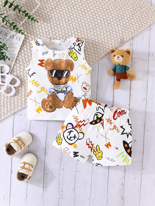 SHEIN Conjunto de camiseta sin mangas y pantalón corto con dibujos animados de osos