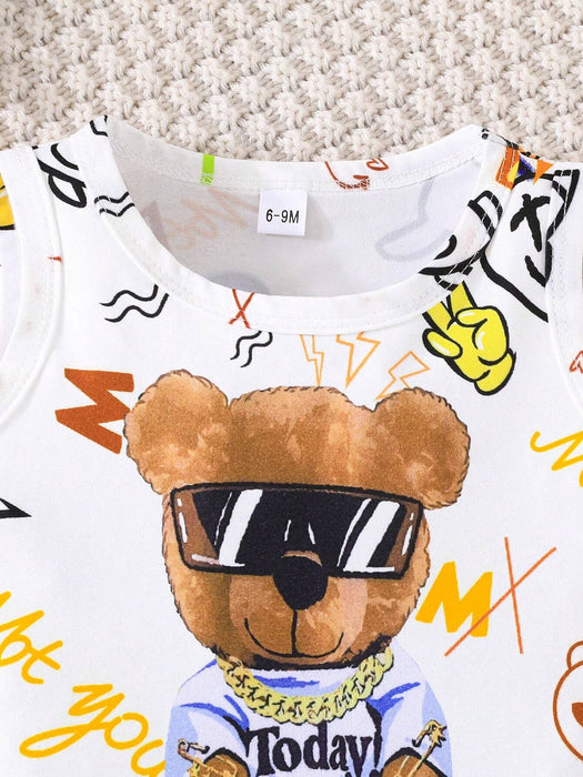 SHEIN Conjunto de camiseta sin mangas y pantalón corto con dibujos animados de osos