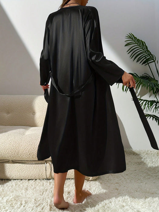 SHEIN Set de 2 piezas de bata y camisón de dormir con cinturón de seda sintética