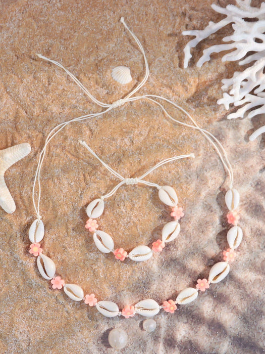 Set de 2 piezas de pulsera y collar con flores de arcilla polimérica y conchas
