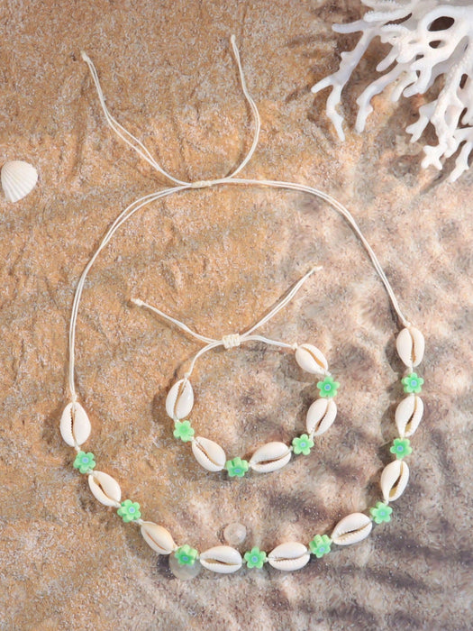 Set de 2 piezas de pulsera y collar con flores de arcilla polimérica y conchas