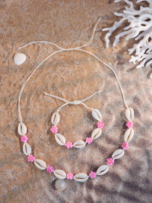 Set de 2 piezas de pulsera y collar con flores de arcilla polimérica y conchas