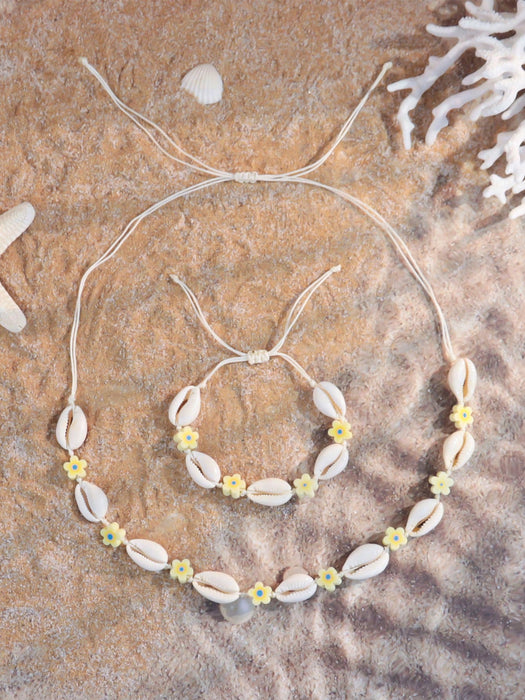 Set de 2 piezas de pulsera y collar con flores de arcilla polimérica y conchas