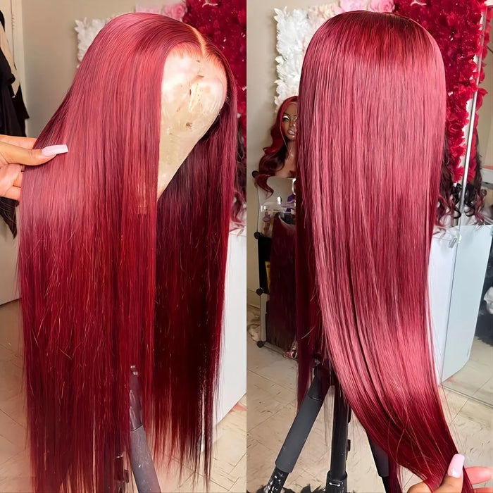 Pelucas de cabello sintetico con encaje frontal 13x4 transparente color borgoña de 26 pulgadas