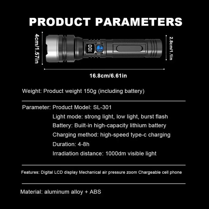 Linternas LED de alta potencia y fuerte 300000 Antorcha táctica LM con luz de pantalla