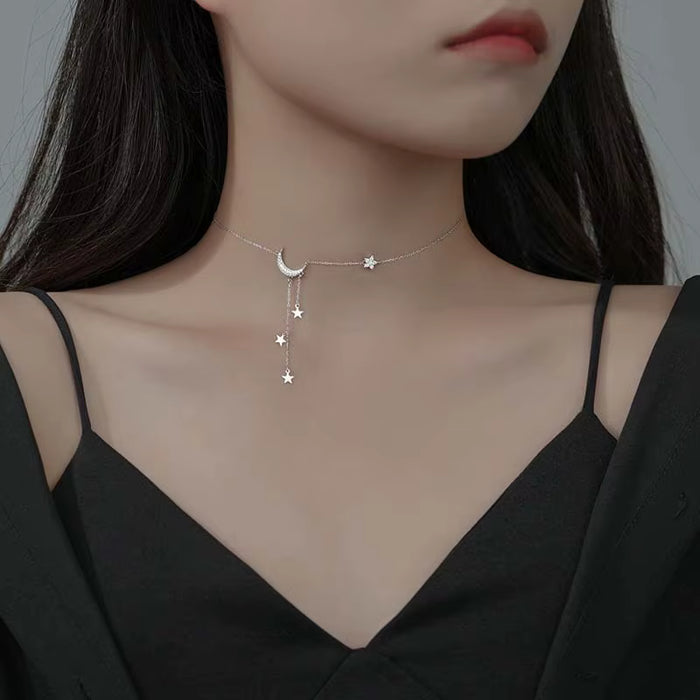 Shein Collar con borlas de Luna y estrella de Color plateado para mujer, cadena de clavícula de cristal exquisita