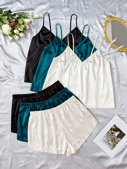 SHEIN Conjunto de pijama de satén liso de 6 piezas SilkySpell Plus