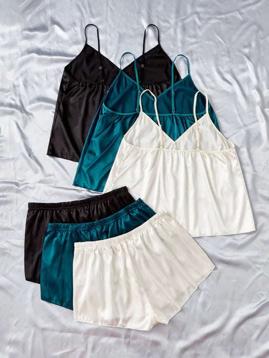 SHEIN Conjunto de pijama de satén liso de 6 piezas SilkySpell Plus