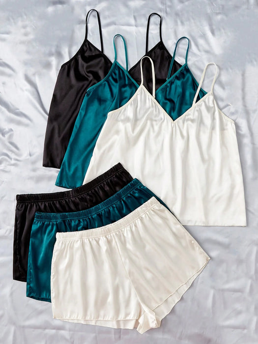SHEIN Conjunto de pijama de satén liso de 6 piezas SilkySpell Plus