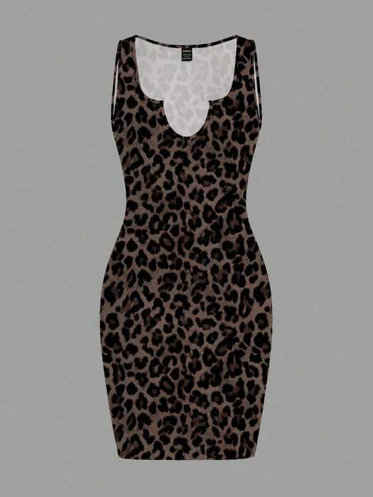 SHEIN Vestido ajustado sin mangas con estampado de leopardo a cuadros beige para mujer