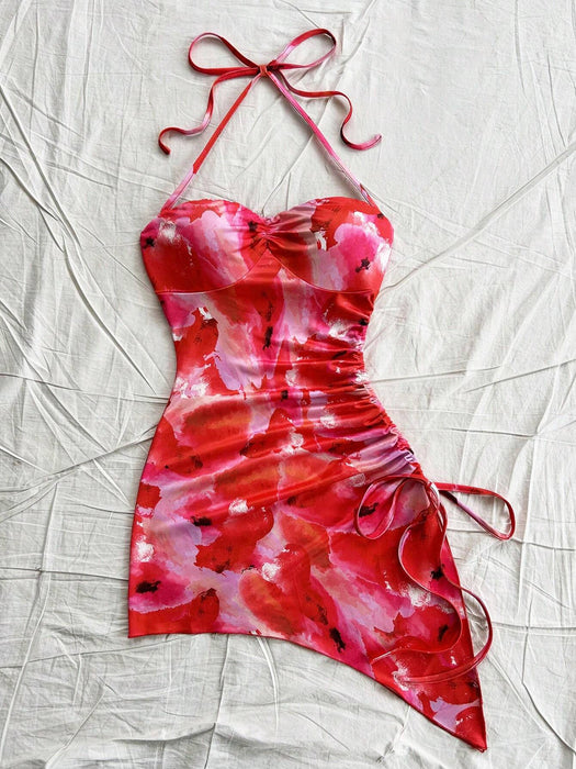 SHEIN Soleia Vestido ceñido con cordón y dobladillo asimétrico teñido anudado