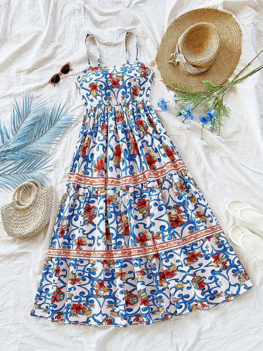 SHEIN Soleia Vestido largo de corte A con estampado retro floral para mujer