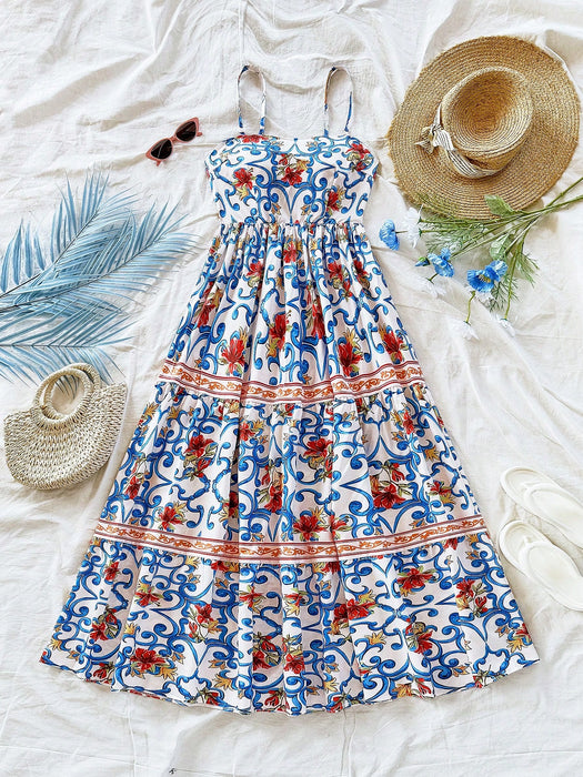 SHEIN Soleia Vestido largo de corte A con estampado retro floral para mujer