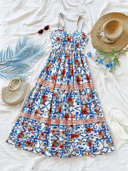 SHEIN Soleia Vestido largo de corte A con estampado retro floral para mujer