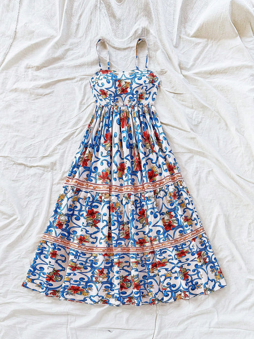 SHEIN Soleia Vestido largo de corte A con estampado retro floral para mujer