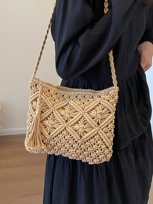 Bolso pequeño de paja tejida para mujer, de hombro de playa tejido a mano