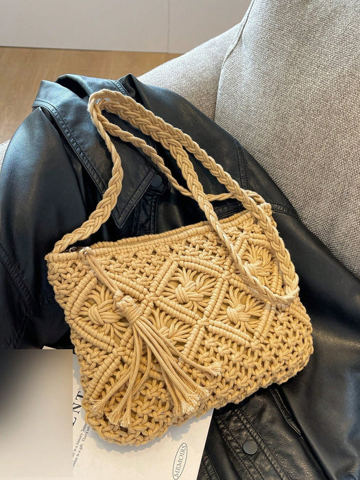 Bolso pequeño de paja tejida para mujer, de hombro de playa tejido a mano