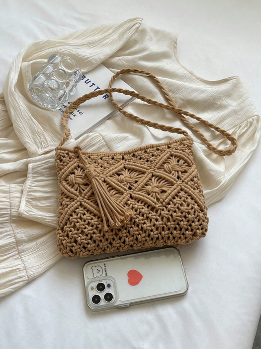 Bolso pequeño de paja tejida para mujer, de hombro de playa tejido a mano