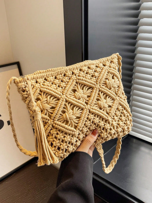 Bolso pequeño de paja tejida para mujer, de hombro de playa tejido a mano