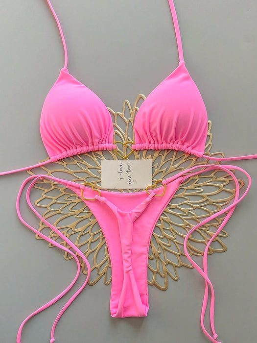SHEIN Conjunto de bikini rosa liso para vacaciones de verano en la playa