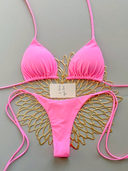 SHEIN Conjunto de bikini rosa liso para vacaciones de verano en la playa