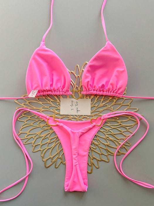 SHEIN Conjunto de bikini rosa liso para vacaciones de verano en la playa