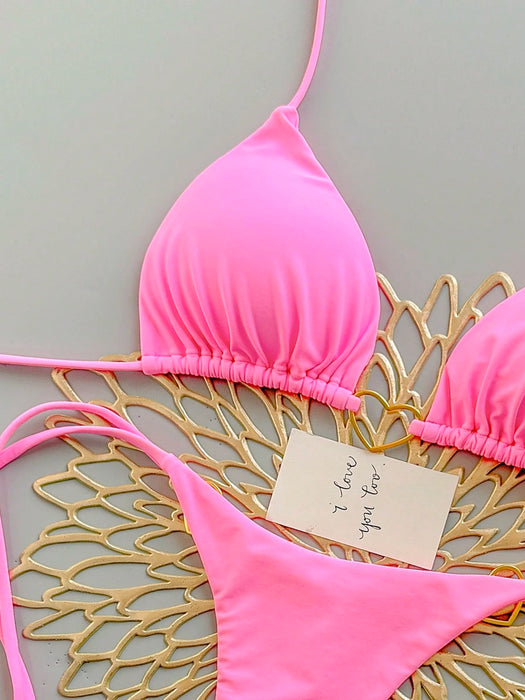 SHEIN Conjunto de bikini rosa liso para vacaciones de verano en la playa
