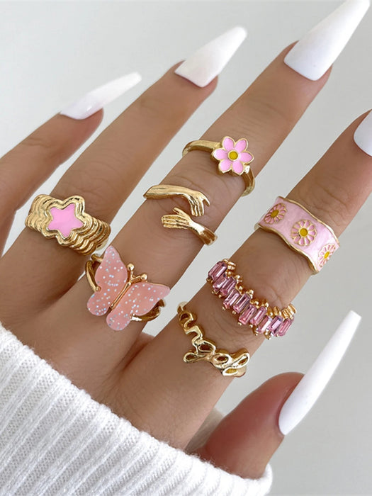 SHEIN Anillo Sweet Style de 7 piezas con forma de estrella de cinco puntas, mariposa y margarita