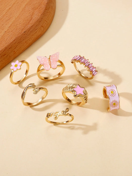 SHEIN Anillo Sweet Style de 7 piezas con forma de estrella de cinco puntas, mariposa y margarita