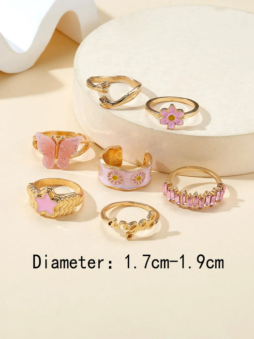 SHEIN Anillo Sweet Style de 7 piezas con forma de estrella de cinco puntas, mariposa y margarita