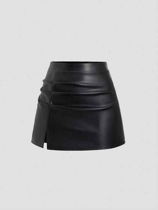 Shein Sweetra Falda corta elegante estilo retro de talle alto, plisada de piel sintética brasileña