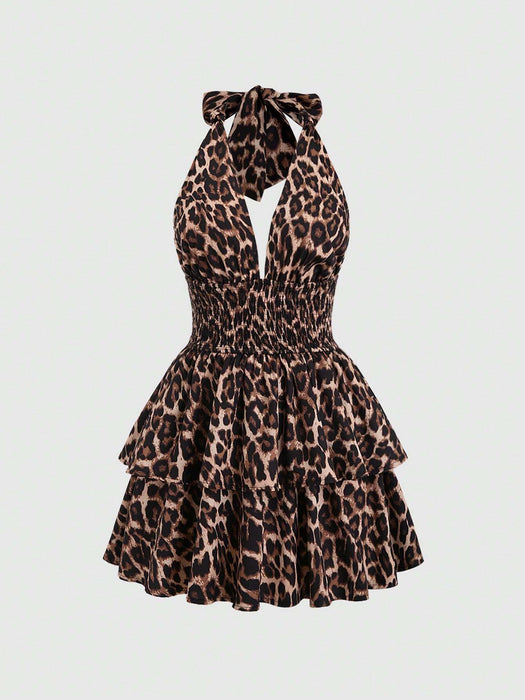 Vestido de verano de mujer con cuello de halter y estampado de leopardo sexy
