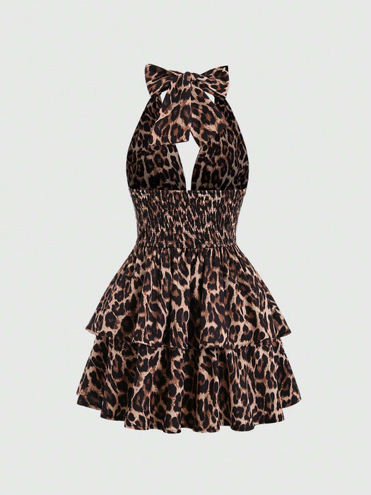Vestido de verano de mujer con cuello de halter y estampado de leopardo sexy