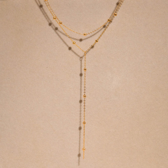 Collar largo en forma de Y para mujer, doble capa, cadena de clavícula delgada con cuentas pequeñas