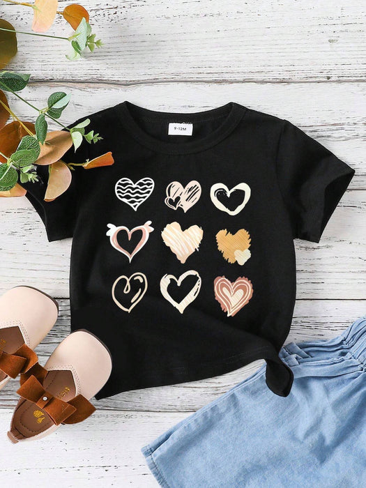 SHEIN Top Casual De Manga Corta Con Patrón De Corazón Para Niña