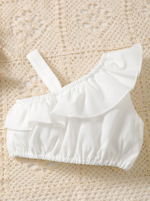 SHEIN Top De Cuello Asimétrico Con Ribete De Volantes Y Pantalones Anchos