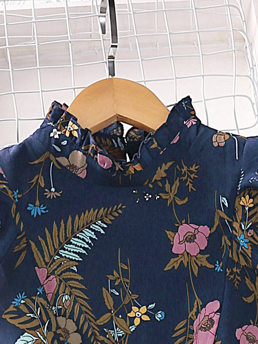 SHEIN Vestido de niña con estampado floral, volantes, bajo plisado y cinturón