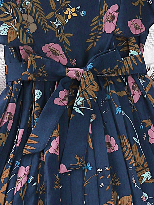 SHEIN Vestido de niña con estampado floral, volantes, bajo plisado y cinturón
