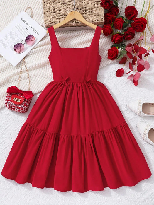 SHEIN Vestido lencero rojo para preadolescentes con diseño de lazo, silueta en línea A