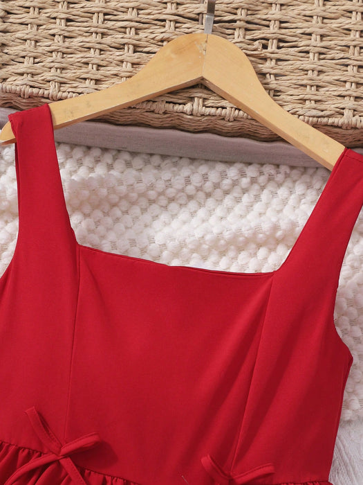 SHEIN Vestido lencero rojo para preadolescentes con diseño de lazo, silueta en línea A